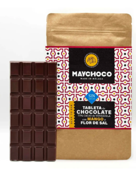 CHOCOLATE 75% CACAO SIN AZÚCAR CON MANGO Y FLOR DE SAL 70 GR, MAYCHOCO