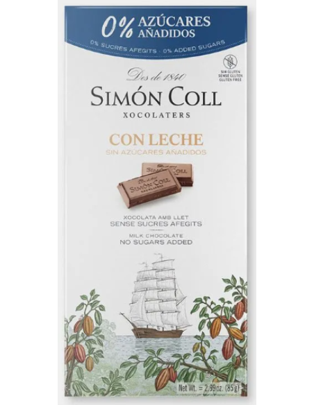 TABLETA CHOCOLATE CON LECHE SIN AZÚCAR AÑADIDO 85 GR. SIMON COLL