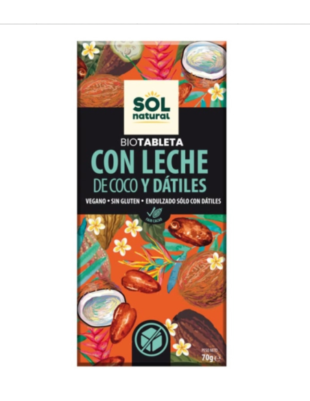 TABLETA CHOCOLATE LECHE DE COCO Y DÁTILES 70 GR SOL NATURAL