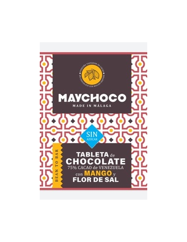 CHOCOLATE 75% CACAO SIN AZÚCAR CON MANGO Y FLOR DE SAL 70 GR, MAYCHOCO