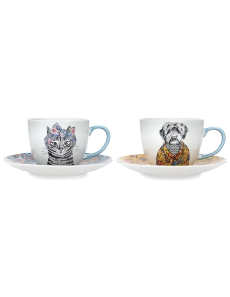 SET 2 TAZAS CON PLATO GATO Y PERRO 240 ML MK