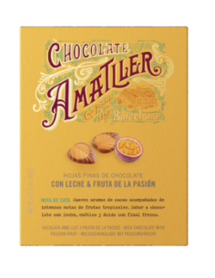 HOJAS DE CHOCOLATE 32% Y MARACUYÁ 60 GR AMATLLER