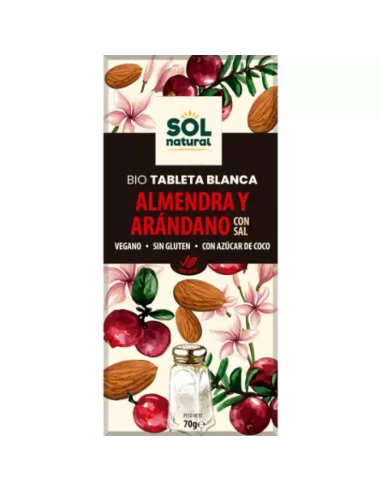 TABLETA CHOCOLATE BLANCO ALMENDRA SALADA Y ARÁNDANOS BIO 70 GR SOL NATURAL