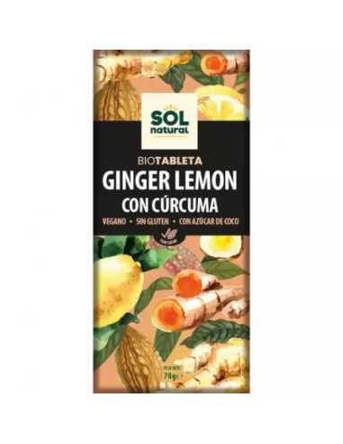 TABLETA CHOCOLATE JENGIBRE LIMÓN Y CÚRCUMA BIO 70 GR SOL NATURAL